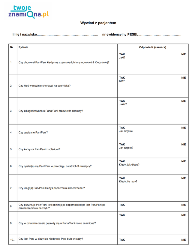 Wywiad z pacjentem zbierany przed badaniem dermatoskopowym przez lekarza.